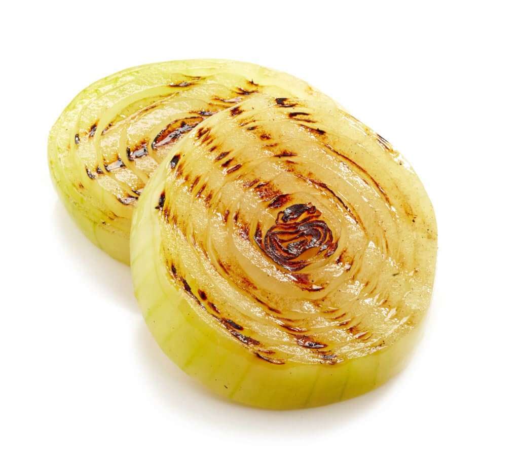 Two grilled onion slices with visible grill marks are placed on a white background, highlighting their cooked textures and slightly caramelized edges. These savory onions make a delightful addition to any vegetarian or plant-based dish, embracing wholesome flavors guided by dietitian insights.