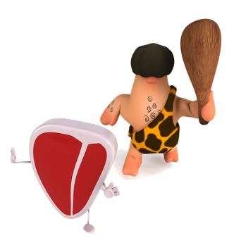 A cartoon caveman with a club and wearing a leopard-print outfit stands next to a cartoon steak with arms and legs, both pondering the mysteries of plant-based living.